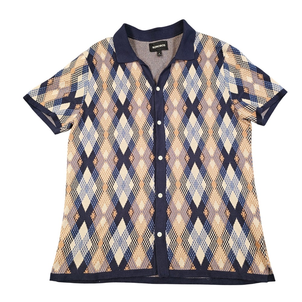 Bonobos Mens Argyle Knit Button Down Sweater Polo Shirt Navy Blue Tan Size M